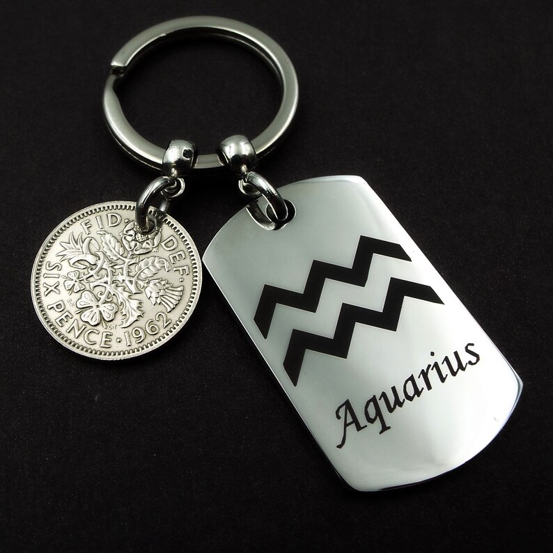 1962 Lucky Sixpence Aquarius Keyring Star Sign Zodiac Horoscope Astrology February 62nd Birthday Gift Men Women Him Her Birth Year UK 2 Bild 2