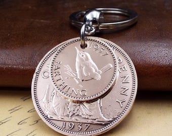 Original Design 1937 Penny Farthing Double Coin Keyring 89th Birthday Gift Birth Year Keepsake Him Her Men Women UK Fast Dispatch