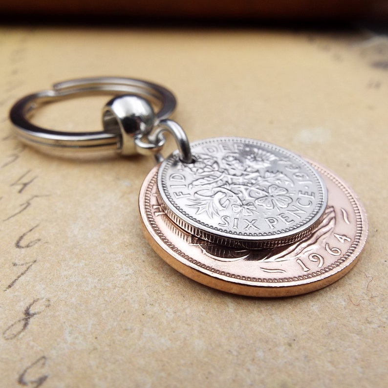 Original 1964 British Sixpence Ha'penny Double Coin Keyring 60th Birthday Gift Small Sentimental Birth Year Keepsake Him Her Men Women UK image 5