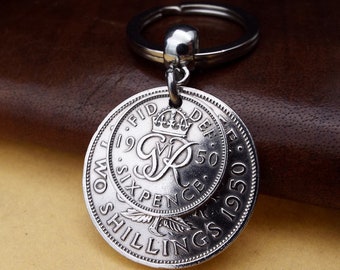 74th Birthday Gift 1950 'Two And Six' British Coin Keyring, 2 Shillings and Sixpence, Anniversary, Retirement Keepsake