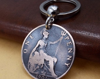 1901 British Penny Old Vintage Keyring Over 125 Years Old Historical Victorian Collectable Lucky Coin Gift Keychain UK Men Women Him Her