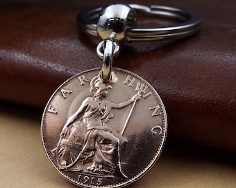 1915 British Bronze Farthing Old Vintage Coin Keyring Historic Collectable Birthday Gift For Men Women Him Her Small Keepsake Present Idea