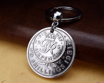 75th Birthday Gift, 1951 British Coin Keyring 'Two And Six' Metal Keychain, Coin Collector Present Idea
