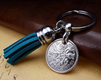 1961 Lucky British Sixpence Teal Tassel English Coin Keyring Birth Year Momento  63rd Birthday Gift Souvenir Keychain