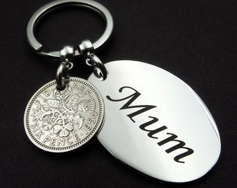 70th Birthday Gift MUM 1954 Lucky Sixpence British Coin Keyring Upcycled Recycled UK Keepsake Keychain For Her Women Mothers Day Present