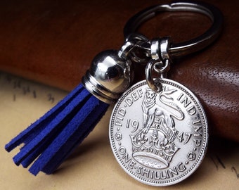 1947 English Shilling Tassel Coin Keyring  Birth Year Colour Choice Kings Shilling Military Gifts for Men Women 77th Birthday Gift UK 2