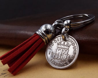 1948 UK British Sixpence Red Tassel Coin Keyring 76th Birthday Gift Men Women Him Her Metal Recycled Vintage Keychain Birth Year Keepsake UK