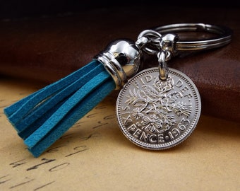 Teal Tassel 1963 Lucky British Sixpence English Coin Keyring 61st Birthday Gift Birth Year Momento Upcycled Vintage Men Women His Hers UK