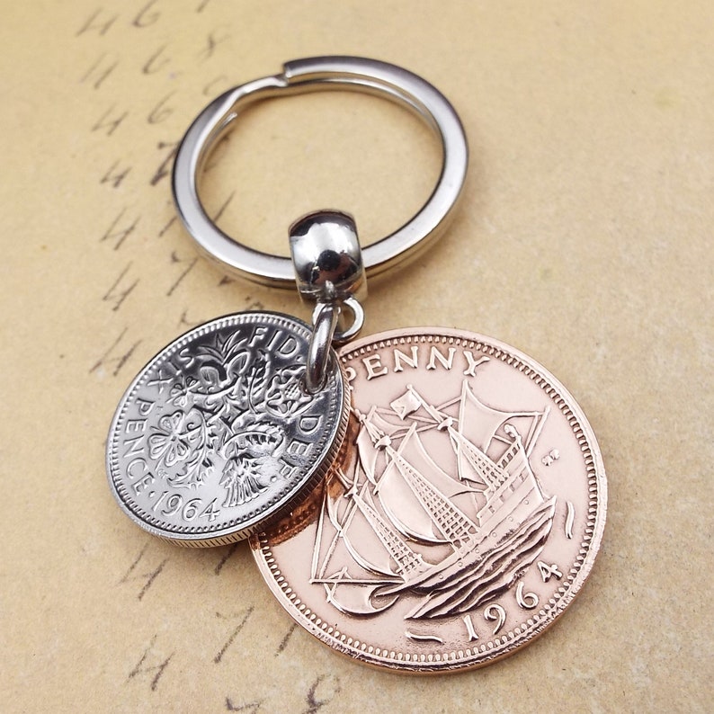 Original 1964 British Sixpence Ha'penny Double Coin Keyring 60th Birthday Gift Small Sentimental Birth Year Keepsake Him Her Men Women UK image 5
