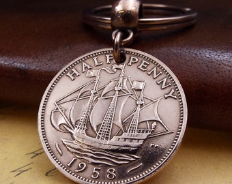 1958 British Ha'penny Half Penny Vintage Coin Keyring 66th Birthday Gift Men Women Him Her Anniversary Idea Retirement Present  Ship Navy UK