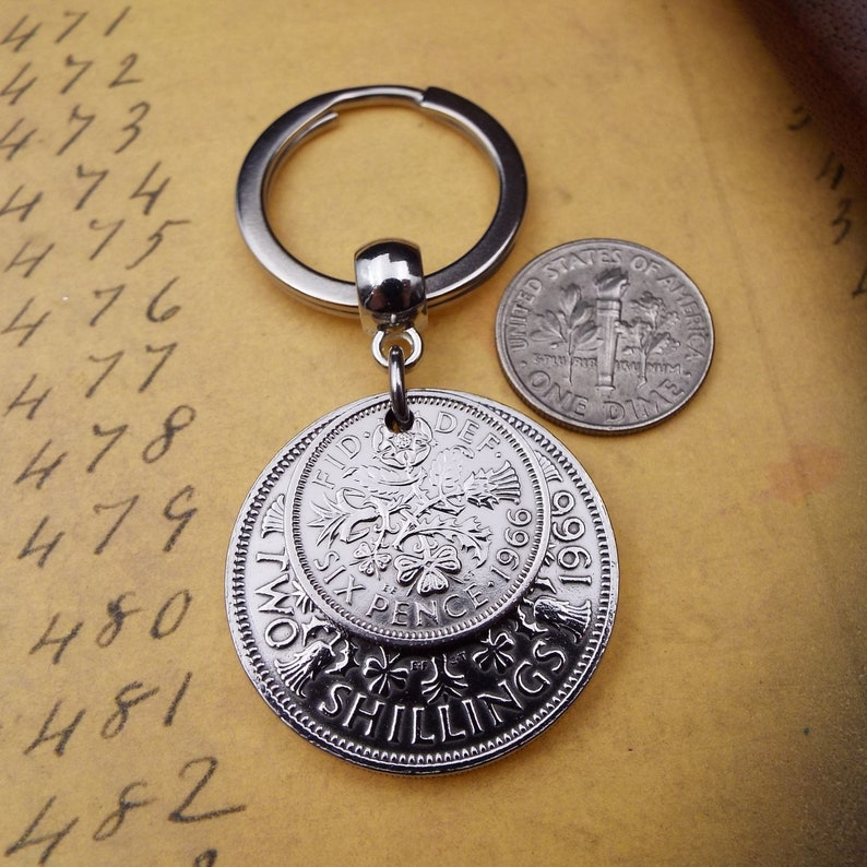 1965 'Two And Six' Double Coins Keyring 2 Shillings and Sixpence 2/6 Men Women Nostalgic 61st Birthday Gift Sentimental Keepsake in the UK