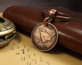 Genuine 1947 TOP DRILLED British Farthing Old Vintage Wren Coin Keychain 71st Birthday Gift. Boxed