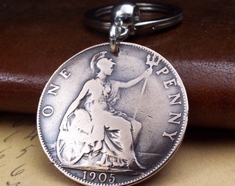 1905 Penny británico antiguo vintage bronce moneda llavero genuino histórico eduardiano Penny recuerdo reciclado reutilizado Reino Unido para él sus hombres mujeres