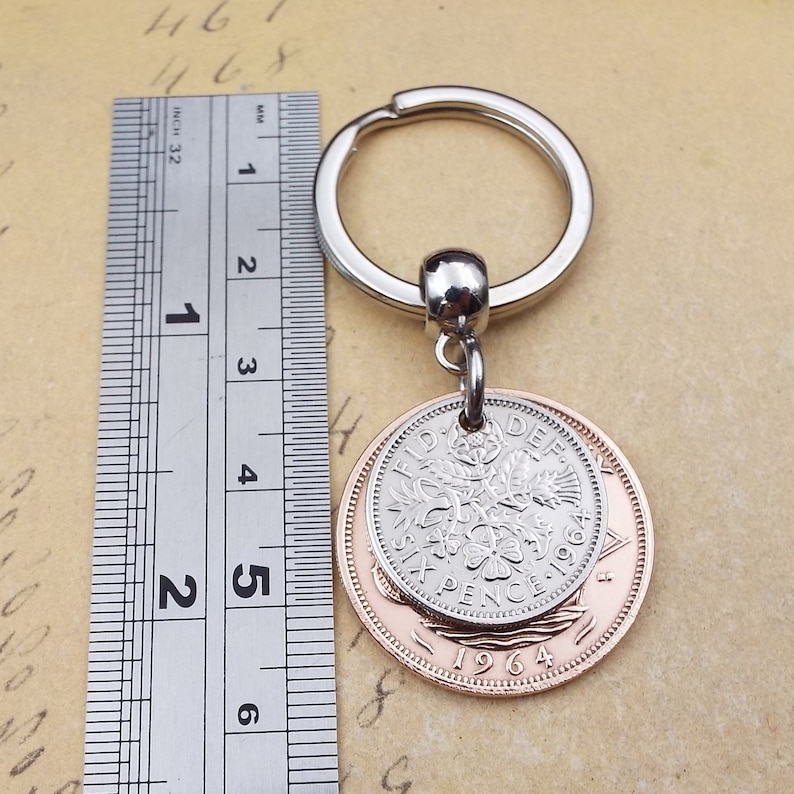 Original 1964 British Sixpence Ha'penny Double Coin Keyring 60th Birthday Gift Small Sentimental Birth Year Keepsake Him Her Men Women UK image 2