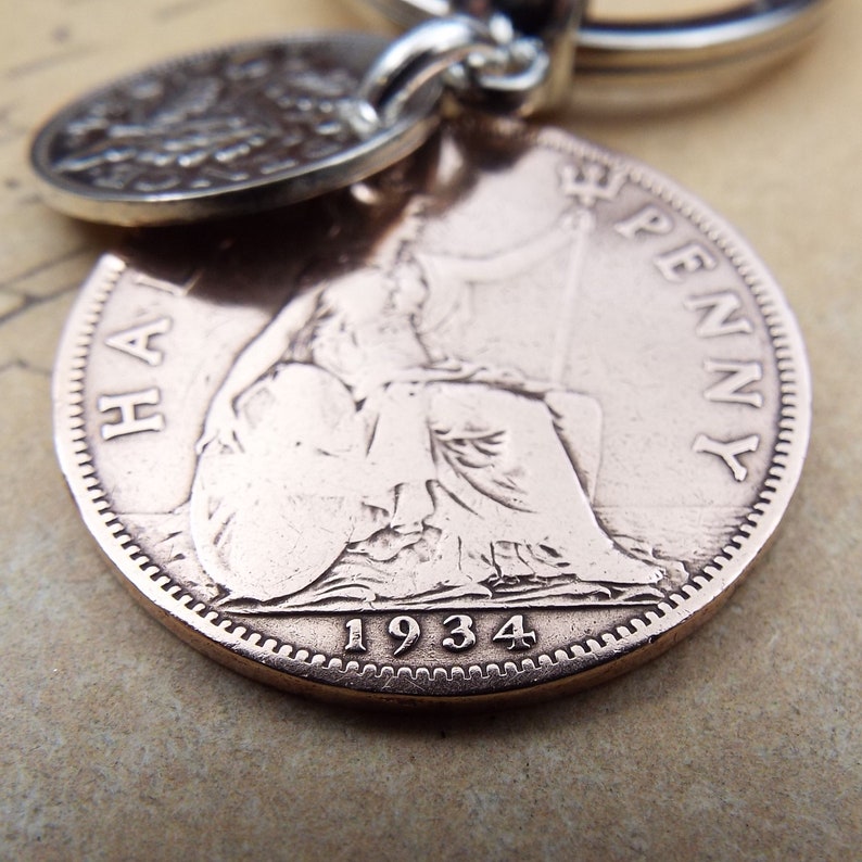 Porte-clés double pièces 3 pence Ha'penny britannique 1934 Royaume-Uni 90e anniversaire cadeau souvenir d'anniversaire porte-clés pour homme femme lui-même recyclage recyclage image 5