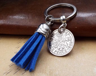 66th Birthday Gift 1960 British Sixpence Blue Tassel Keyring