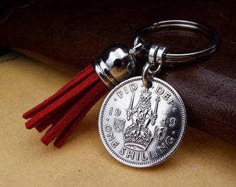 75th Birthday Gift 1949 SCOTTISH Shilling Red Tassel Coin Keyring, Anniversary Gift,