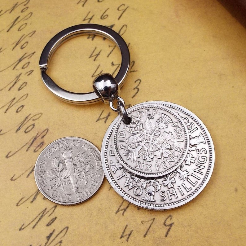 1954 'Two And Six' Double Coins Keychain 70th Birthday Gift 2 Shillings and Sixpence Small Sentimental Keepsake Idea Men Women Him Her UK image 4