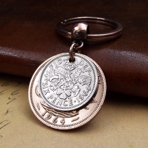 Original 1964 British Sixpence Ha'penny Double Coin Keyring 60th Birthday Gift Small Sentimental Birth Year Keepsake Him Her Men Women UK image 2