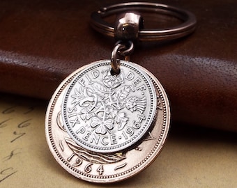 Original 1964 British Sixpence Ha'penny Double Coin Keyring 60th Birthday Gift Small Sentimental Birth Year Keepsake Him Her Men Women UK