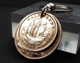 1937 British Penny Ha’penny Original Design Double Bronze Coin Keyring 89th Birthday Gift