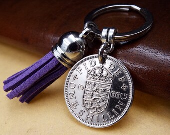 1966 English Shilling Mauve Purple Tassel Coin Keyring  58th birthday gift Metal Keychain Men Women Keepsake Momento Birth Year In UK