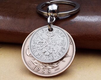 1958 British Sixpence Ha'penny Original Design Double Coin Keyring 68th Birthday Gift