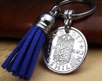 1964 English Shilling Blue Tassel Coin Keyring 60th Birthday Gift Birth Year Keepsake Present Military Small Sentimental Him Her Men Women