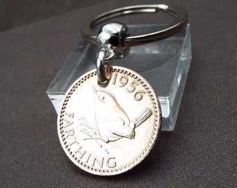 1956 British Bronze Farthing Coin Keyring – Last Year Struck Birth Year 70th Keepsake