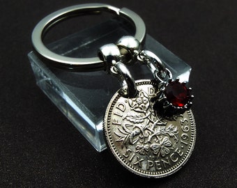 1963 British Sixpence Coin Keyring with TINY Removable RED Glass Pendant Charm 61st Birthday Gift Mum Sister Women Ladies Present Idea UK