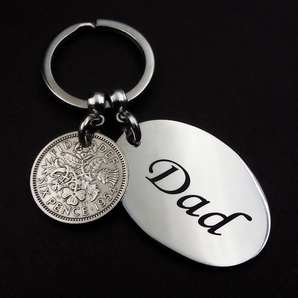 DAD 1954 Sixpence Keyring 70th Birthday Gift Lucky British Birth Year Sentimental Nostalgic Keepsake Antique Vintage Coin Fathers Day UK