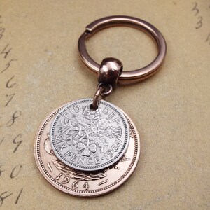 Original 1964 British Sixpence Ha'penny Double Coin Keyring 60th Birthday Gift Small Sentimental Birth Year Keepsake Him Her Men Women UK image 6