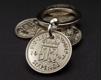 1947 British Sixpence Lucky Coin Keyring – Sentimental Birthyear Keepsake for Men Women