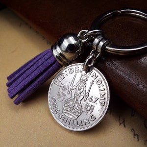 1947 Scottish Shilling Tassel Coin Keyring 77th Birthday Gift Birth Year Colour Choice Kings Shilling Military Gifts for Men Women UK 2 image 1
