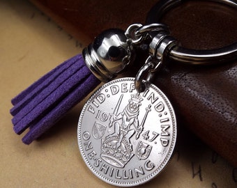 1947 Scottish Shilling Tassel Coin Keyring 77th Birthday Gift Birth Year Colour Choice Kings Shilling Military Gifts for Men Women UK 2