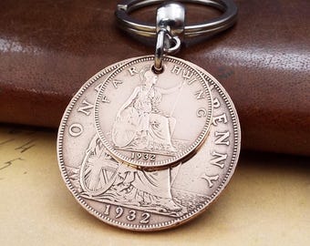 1932 British Penny Farthing Double Coins Keyring UK 94th Birthday Gift Birthyear Keepsake Keyring Men Women Fast Dispatch Letterbox Present