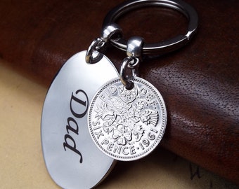 DAD 1961 Lucky Sixpence British Coin Keyring  63rd Birthday Gift Metal Keepsake Keychain For Men Fathers Day Present Stainless Steel Charm