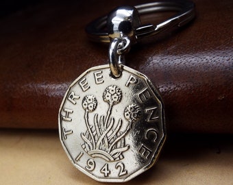 1942 Brass Threepence Coin Keyring 82nd Birthday Gift Recycled Upcycled Vintage Birth Year Collectable Keepsake for Men and Women in UK 2