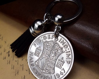 1947 UK Half Crown Colour Choice Tassel Coin Keyring Vintage Birth Year Keepsake 77th Birthday Gift Men Women Him Her UK Anniversary