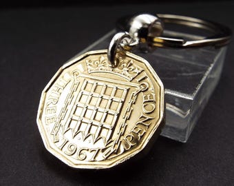 1967 British Brass Threepence Coin Keyring, 59th Birthday Gift and Birth Year Keepsake
