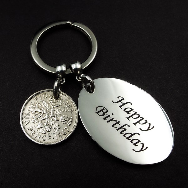 1967 Sixpence HAPPY BIRTHDAY Keyring 57th Birthday Gift Birth Year Keepsake Lucky British Coin Keychain For Him Her Men Women UK