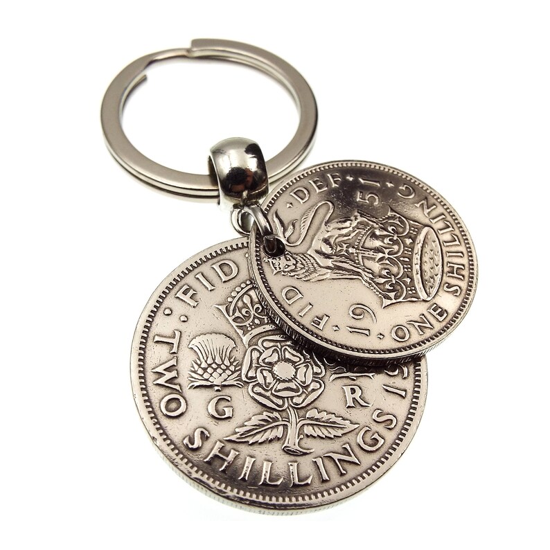 60th Birthday Gift / 1965 Irish Keyring / Old Irish Florin / Salmon & Harp / 60th Anniversary