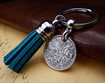 64th Birthday Gift 1960 British Sixpence Teal Tassel Coin Keyring Birth Year Lucky Keepsake Metal Keychain