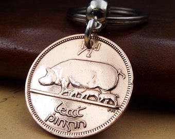 1966 Irish Half Penny Hapenny Keyring Historic Eire Coin 60th Birthday Gift Anniversary Retirement Present Idea Pig Farm Animals Piglet