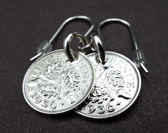 1936 Coin Drop Earrings Genuine .500 Silver Threepence Coins On Sterling Silver Ear Wires