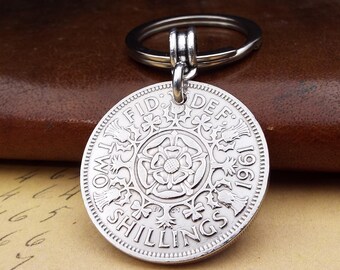 1961 British 2 Shilling Vintage Florin Coin Keyring 65th Birthday Gift Birth Year Keepsake Men Women Him Her Anniversary Retirement Ideas