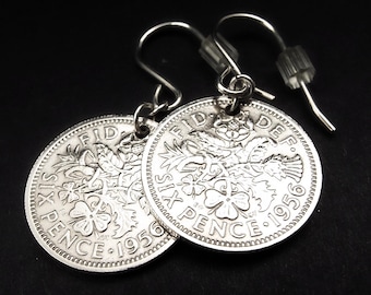 1956 Sixpence Earrings Sterling Silver Ear Wires Genuine Vintage British Coin 70th Birthday Gift