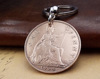 1934 British Bronze Penny Coin Keyring 92nd Birthday Gift Birth Year Keepsake Lucky Penny Anniversary Retirement Keepsake Him Her Men Women