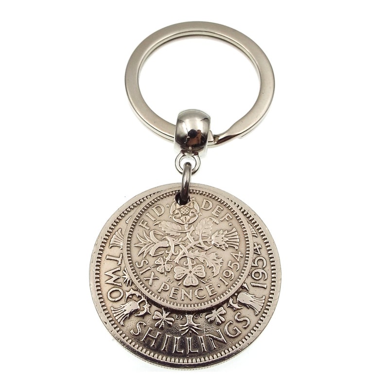 1954 'Two And Six' Double Coins Keychain 70th Birthday Gift 2 Shillings and Sixpence Small Sentimental Keepsake Idea Men Women Him Her UK image 7