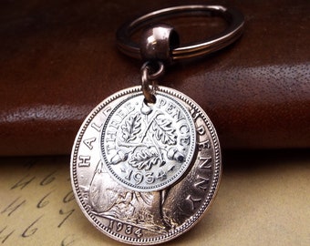 1934 British Threepence Ha'penny Double Coins Keyring UK 90th Birthday Gift Birthyear Keepsake Keyring for Men Women Him Her Upcycle Recycle